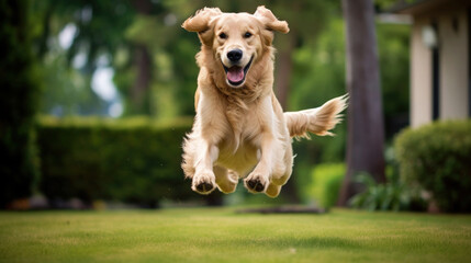 happy golden retriever jumping on the lawn at a sunny day