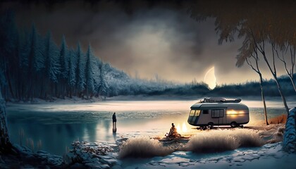 mobile home on the shore of the lake with fishermen
suitable as a background