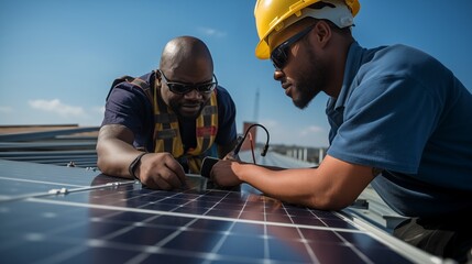 Two African American male solar power engineers installing solar panels on the roof of the building together for renewable sustainable power source