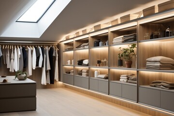 Fototapeta na wymiar Contemporary Scandinavian walk-in closet with organized storage and chic lighting