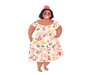 Happy fat woman or girl in dress, vector illustration in cartoon style