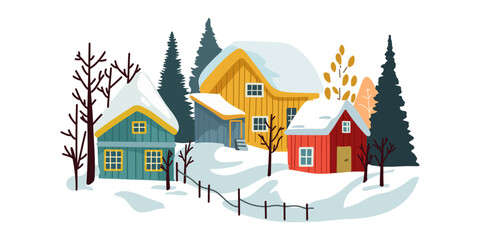 Winter rural landscape with fir trees, mountains and a house. Rural landscape. Vector illustration in flat style