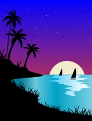 Türaufkleber This is an illustration of, fantasy art, beautiful magical seascape, ships silhouettes in the distance. The sunset in the horizon paints the sky in hues of fiery purple, pink and blue, magical scene © Mustapha