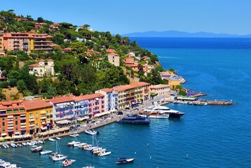 panorama from above of Porto Santo Stefano on the coast of Monte Argentario in Grosseto, Tuscany, Italy