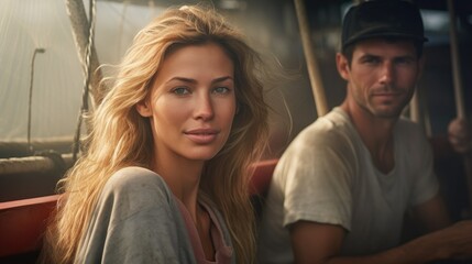portrait of a young man and woman fisher on a fishing boat