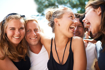 Festival friends, nature and crazy people bond, happiness and summer holiday, vacation or gen z party travel together. Community, freedom and young group at social event, outdoor concert or reunion