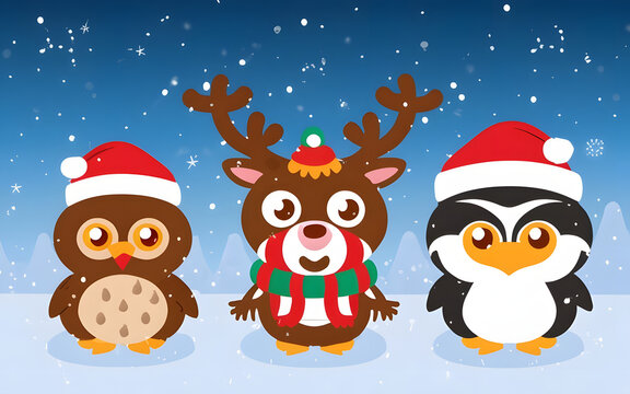 Christmas-themed animals reindeer with red noses, penguins in Santa hats, or owls with festive scarves