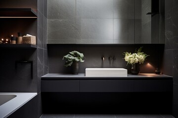 Elegant Scandinavian powder room with minimalist decor and sophisticated finishes