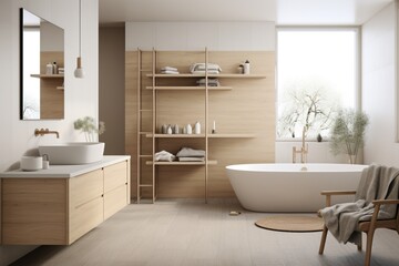 Fototapeta na wymiar Harmonious Scandinavian bathroom with clean lines, natural materials, and a touch of luxury
