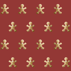 Watercolor seamless pattern with gingerbread cookies on red background. Christmas winter holiday design for fabric