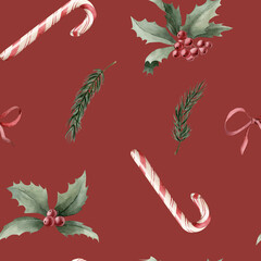 Watercolor seamless pattern with candy canes, holly, pine branches and red ribbon bow on red background.Christmas design