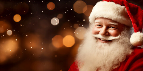 A Festive Close-Up of a Jolly Santa Claus in a Bokeh-Filled Banner. Warms tones.