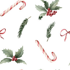 Watercolor seamless pattern with candy canes, holly, pine branches and red ribbon bow on white background. Christmas