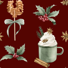 Watercolor seamless pattern with candy cock lollipop, green mug, holly, pine branches and green bow on dark background.