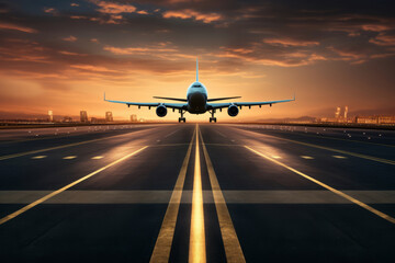 Sunset view of airplane on airport runway. Generative AI