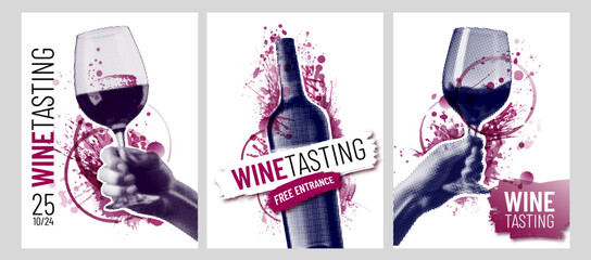 Wine design templates. Creative collage with wine glass, wine bottle and red wine stains. Vector illustration. - 683464628