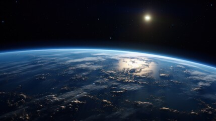  a view of the earth from space with a bright light shining on the horizon of the earth's horizon.