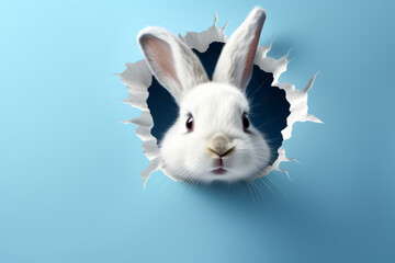 Fluffy eared bunny peeking out of a hole in blue wall. Rabbit jump out from hole. Generative AI