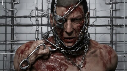man in chains  half of human flesh face ripped off,   A tortured and broken cyborg prisoner with scars, bruises, 