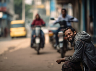 Resilient homeless man sitting on the side of a busy street in India, conveying a sense of loneliness and poverty.
