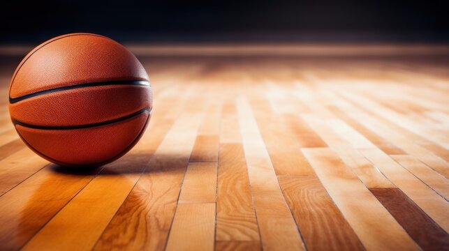  a close up of a basketball on a hardwood floor with a blurry background of a basketball on the floor.