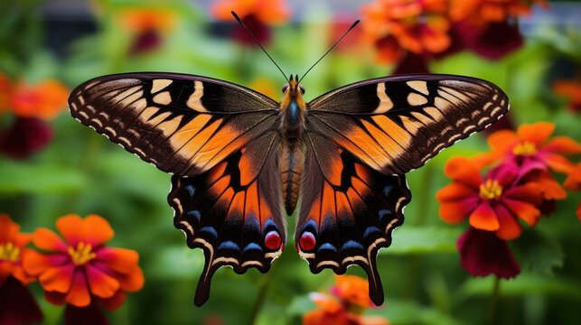  a close up of a butterfly on a flower with orange and red flowers in the background and a blurry background.