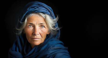 Portrait study of a beautiful elderly woman with wrinkles of age and a scarf on her head - obrazy, fototapety, plakaty
