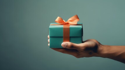  a person's hand holding a green gift box with a orange ribbon and a bow on the top of it. - obrazy, fototapety, plakaty