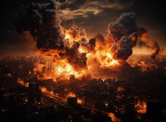 Powerful explosion of a cruise missile or phosphorus bomb among buildings and dense development. The moment of detonation at night city with debris flying amidst billowing thick black smoke and fire.