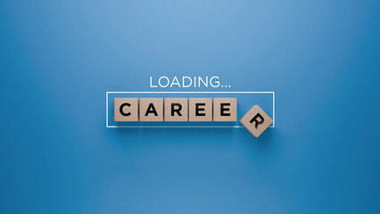 Wooden blocks spelling 'CAREER' with a loading progress bar on a blue background, career...