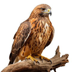 Hawk bird isolated on transparent background. A large hawk looks at the camera at full length. Bird of prey on a transparent background. Close-up of a large hawk in PNG format.