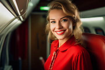 Portrait of a smiling beautiful stewardess on board the plane