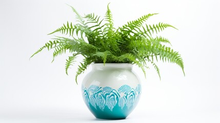 A lush green fern with delicate fronds emerging from a vibrant turquoise pot, capturing nature's elegance against a pristine white background.