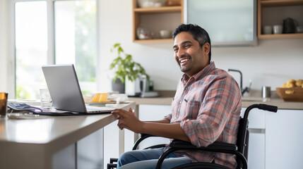 Hyper-realistic High-Quality Photo of a Joyful Indian Man in a Wheelchair Using a Laptop in a Bright Open-Plan Kitchen. Camera Setup: Camera: Canon EOS 5D Mark IV Lens: Canon EF 24-70mm f/2.8L II USM  - Powered by Adobe
