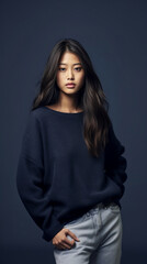 Fototapeta premium A young asian girl in a dark sweater and light jeans, posing against a dark background.