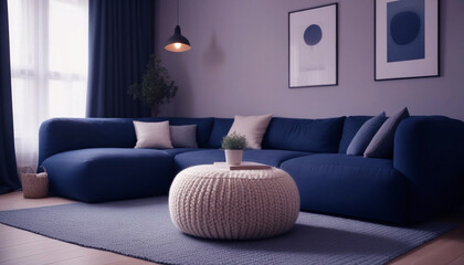 Two knitted poufs near dark blue corner sofa. Scandinavian home interior design of modern living room. Generated AI