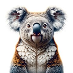 Close-Up Koala Portrait Facing Camera with Realistic Fur Textures in Shades of Gray, White, and Brown - Concept of Wildlife Conservation and Australian Fauna