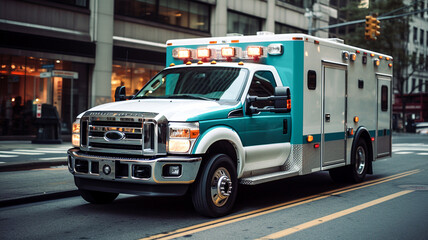 Fototapeta premium Ambulance on emergency car races to respond to the scene of an emergency with red lights on through the city on a road in the day time. 