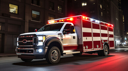 High-speed ambulance racing through on night in city. Medical emergency, first responder concept. 
