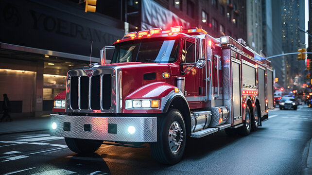 Fire engine driving fast on a road in an emergency races to respond to the scene of an emergency with red lights on through the city on a road in the day time. 
