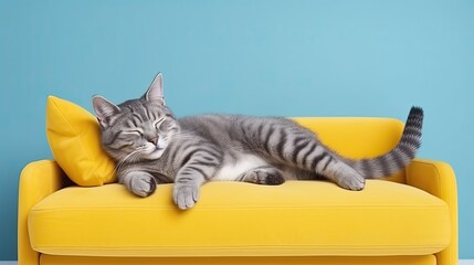 Cute tabby cat sleeping on yellow sofa with yellow pillow over blue wall background. Funny home pet. Concept of relaxing and cozy wellbeing. - obrazy, fototapety, plakaty