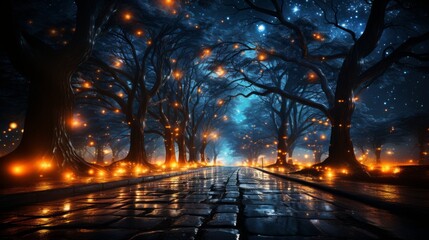 a road with trees and lights on it