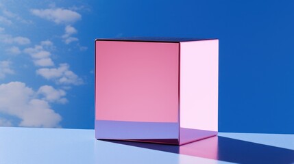  a pink and purple box sitting on top of a white table under a blue sky with a cloud filled sky in the background.