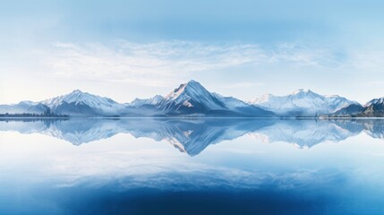  a mountain range is reflected in the still water of a lake with a blue sky and clouds in the background.