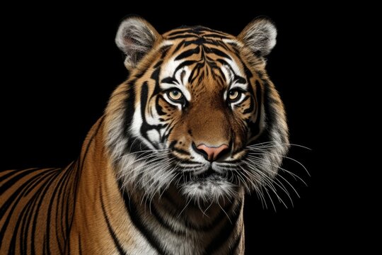 A close-up photograph of a tiger's face with intense eyes and sharp teeth, captured against a black background.