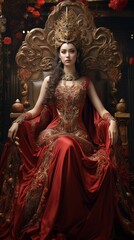 Fototapeta na wymiar a woman in a red dress sitting on a throne