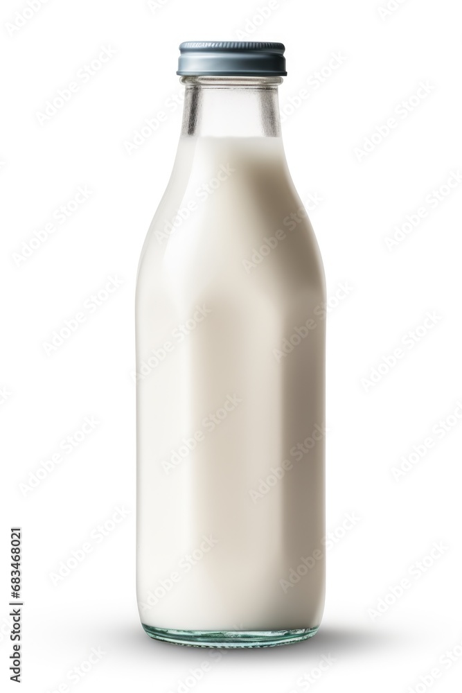 Poster A simple and clean image of a bottle of milk placed on a white surface. This versatile image can be used in various contexts.