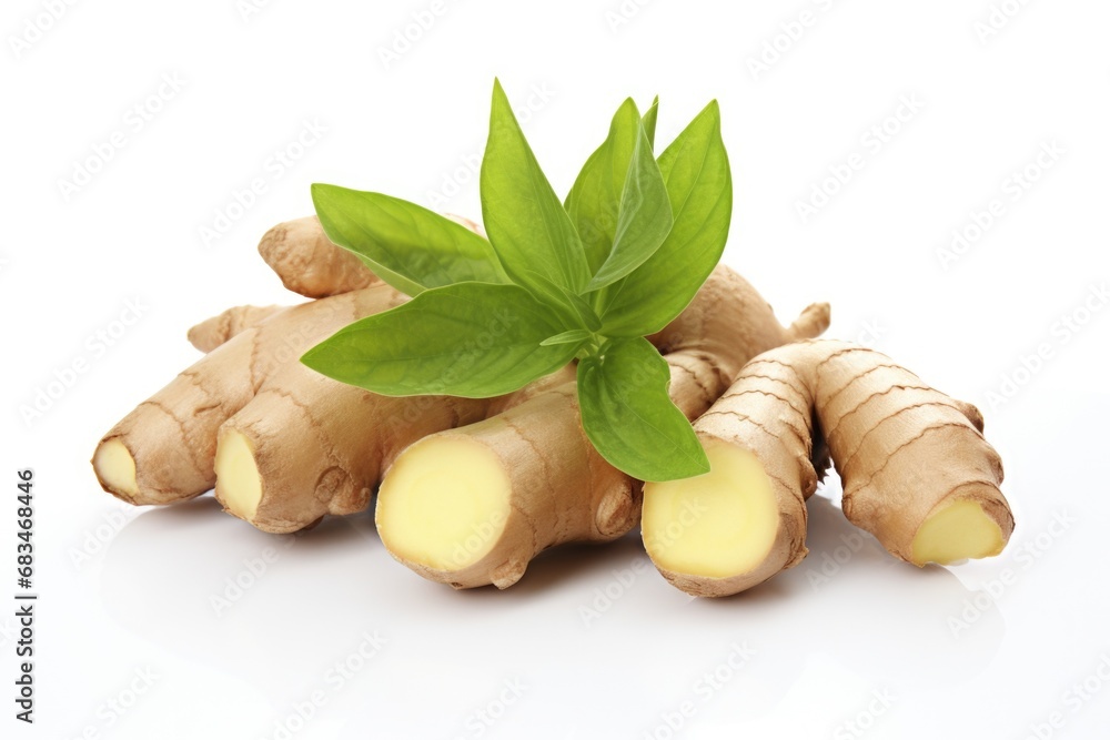 Poster a pile of fresh ginger with a leaf on top. this versatile ingredient can be used in a variety of dis