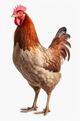 Fototapeta premium A picture of a brown and white chicken standing on a white surface. This image can be used for various purposes, such as farm-related projects or illustrating the concept of rural life.