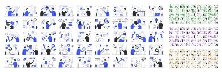 Business scene in four colors. Mega set. Collection of scenes:HR specialist,data analytic,FAQ,tax,new idea,start up,check list,online shop. Business people in different situation. Vector illustration.